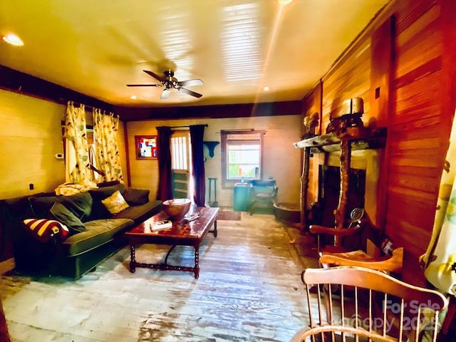 5933 N Norton Rd, Cullowhee, NC 28723 - living room with ceiling fan, wood-type flooring, and recessed lighting