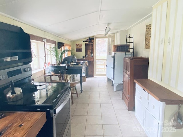 5933 N Norton Rd, Cullowhee, NC 28723 - kitchen featuring stainless steel electric range oven, light tile patterned floors, and lofted ceiling
