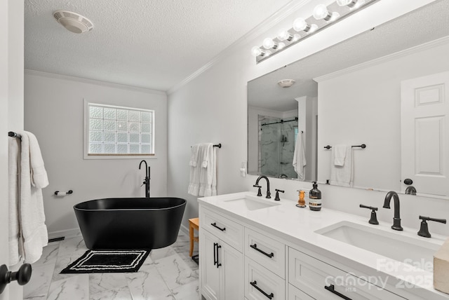 84 Varnadore Dr, Arden, NC 28704 - bathroom featuring a stall shower, crown molding, double vanity, a freestanding tub, and a textured ceiling