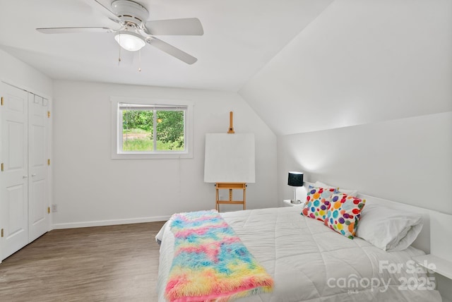 84 Varnadore Dr, Arden, NC 28704 - bedroom featuring wood finished floors, lofted ceiling, and a ceiling fan