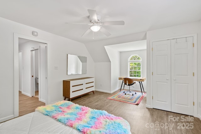 84 Varnadore Dr, Arden, NC 28704 - bedroom with wood finished floors, a closet, a ceiling fan, and lofted ceiling