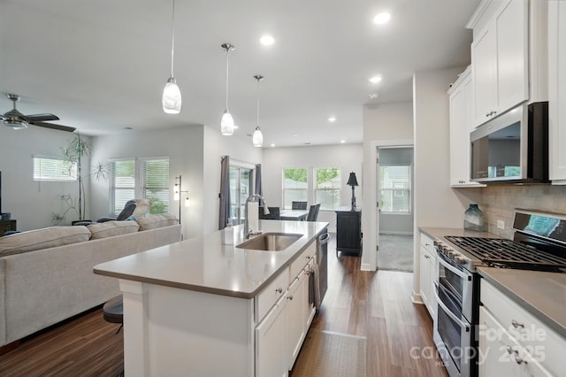 kitchen with stainless steel appliances, a sink, open floor plan, dark wood-style floors, and healthy amount of natural light