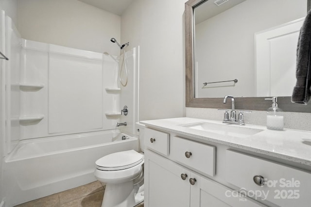 full bath with toilet, vanity, shower / bathtub combination, and tile patterned floors