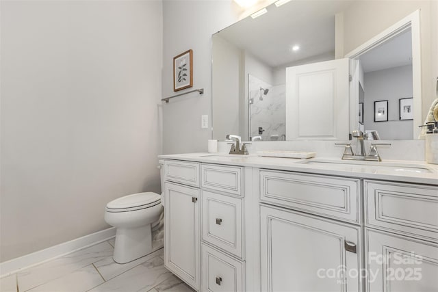 625 Uwharrie River Rd, Charlotte, NC 28211 - full bath with toilet, a walk in shower, double vanity, marble look tiles, and baseboards