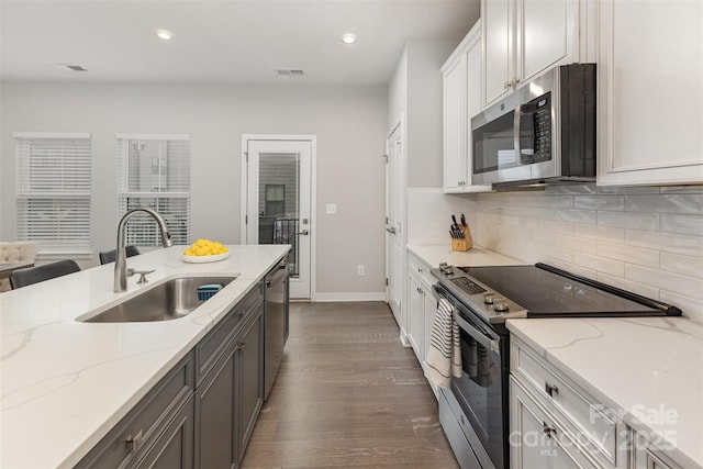 625 Uwharrie River Rd, Charlotte, NC 28211 - kitchen featuring stainless steel appliances, a sink, dark wood finished floors, light stone counters, and tasteful backsplash
