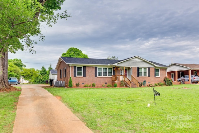 622 University Dr, Rock Hill, SC 29730 - ranch-style house with crawl space, brick siding, concrete driveway, a front yard, and central air condition unit