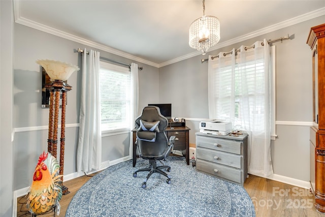622 University Dr, Rock Hill, SC 29730 - office featuring wood finished floors, crown molding, a chandelier, and baseboards