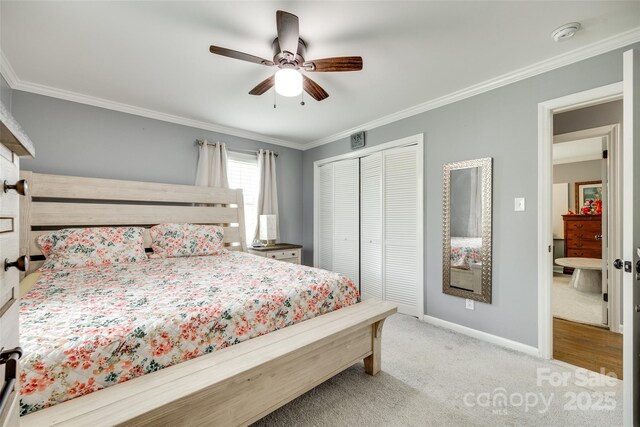 622 University Dr, Rock Hill, SC 29730 - carpeted bedroom featuring a closet, crown molding, baseboards, and ceiling fan