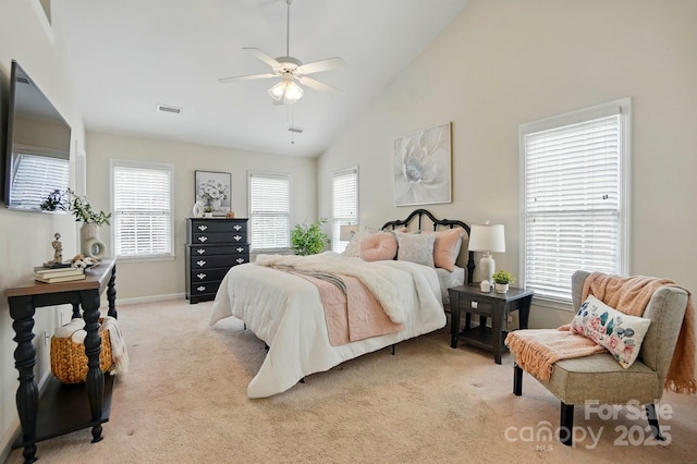 2725 Cotton Planter Ln, Charlotte, NC 28270 - bedroom with light carpet, baseboards, a ceiling fan, and high vaulted ceiling