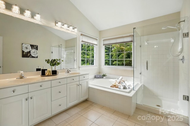 2725 Cotton Planter Ln, Charlotte, NC 28270 - full bath with lofted ceiling, a shower stall, tile patterned flooring, double vanity, and a bath
