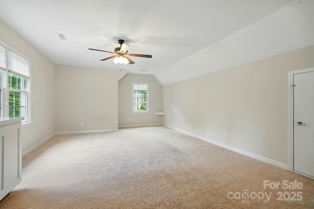 2725 Cotton Planter Ln, Charlotte, NC 28270 - bonus room featuring a ceiling fan, baseboards, light colored carpet, and vaulted ceiling