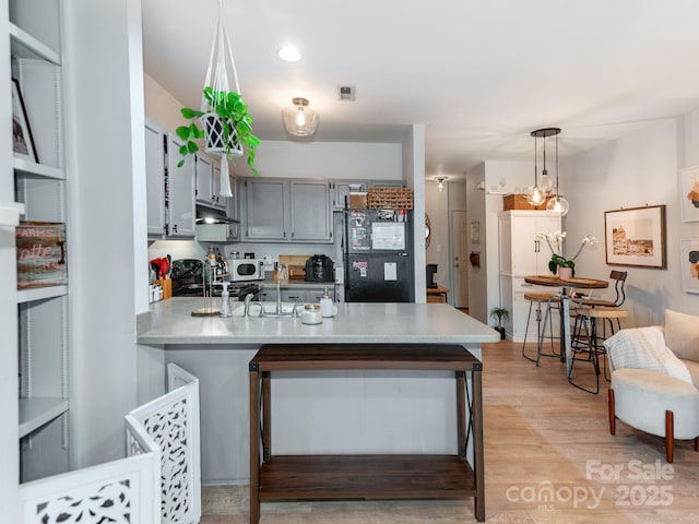3308 Selwyn Farms Ln Unit 2, Charlotte, NC 28209 - kitchen featuring freestanding refrigerator, under cabinet range hood, a peninsula, a sink, and light wood-style floors