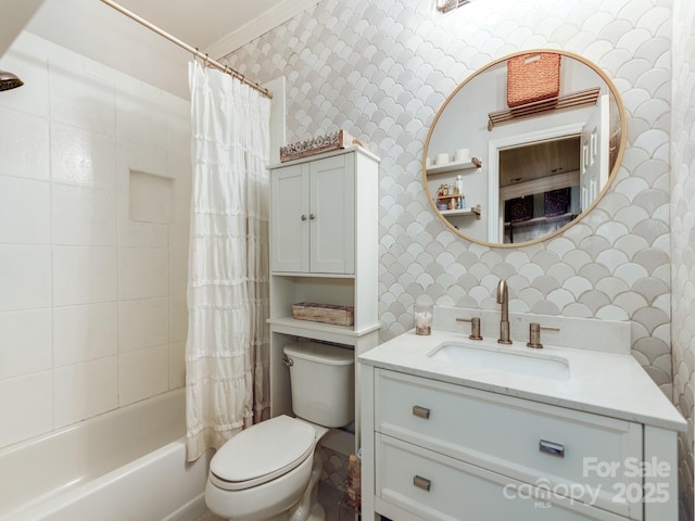 3308 Selwyn Farms Ln Unit 2, Charlotte, NC 28209 - bathroom with toilet, vanity, shower / tub combo, wallpapered walls, and crown molding