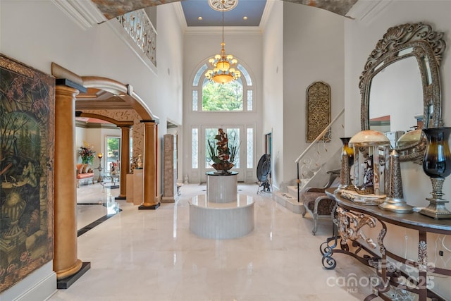 2971 Kaneland Ct, Rock Hill, SC 29732 - foyer featuring ornate columns, a high ceiling, marble tiled flooring, ornamental molding, and healthy amount of natural light