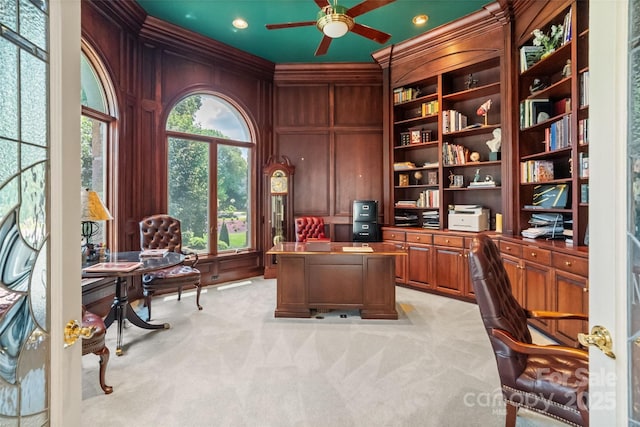 2971 Kaneland Ct, Rock Hill, SC 29732 - home office featuring ceiling fan, crown molding, light colored carpet, a decorative wall, and recessed lighting