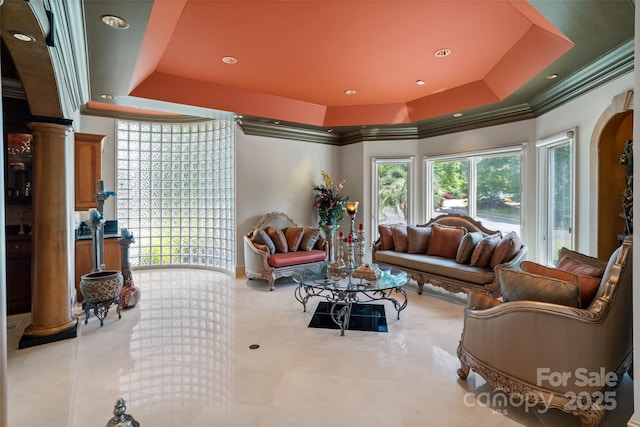 2971 Kaneland Ct, Rock Hill, SC 29732 - living area featuring a raised ceiling, tile patterned floors, decorative columns, ornamental molding, and recessed lighting