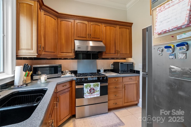 2971 Kaneland Ct, Rock Hill, SC 29732 - kitchen with stainless steel appliances, under cabinet range hood, a sink, crown molding, and decorative backsplash