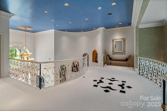 2971 Kaneland Ct, Rock Hill, SC 29732 - corridor with carpet flooring, ornamental molding, recessed lighting, and a chandelier