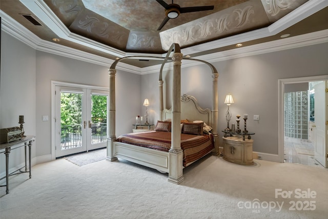 2971 Kaneland Ct, Rock Hill, SC 29732 - carpeted bedroom featuring a tray ceiling, crown molding, access to exterior, french doors, and baseboards