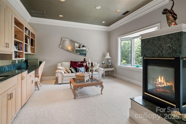 2971 Kaneland Ct, Rock Hill, SC 29732 - living room featuring a fireplace, ornamental molding, baseboards, light carpet, and recessed lighting