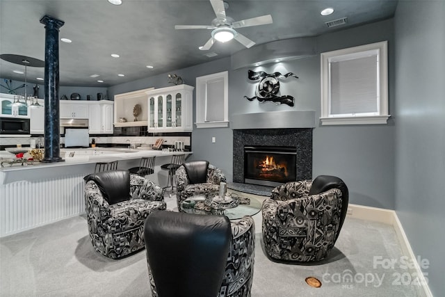 2971 Kaneland Ct, Rock Hill, SC 29732 - living area featuring carpet flooring, a high end fireplace, ceiling fan, baseboards, and recessed lighting