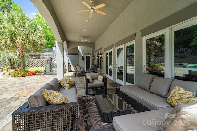 2971 Kaneland Ct, Rock Hill, SC 29732 - view of patio / terrace with a ceiling fan, an outdoor living space, french doors, stairway, and fence
