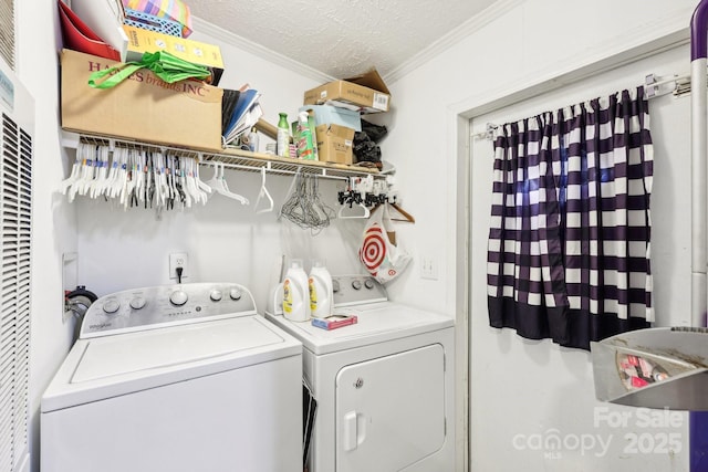 103 Palace Pt, Kings Mountain, NC 28086 - washroom featuring washing machine and clothes dryer, ornamental molding, a textured ceiling, and a heating unit