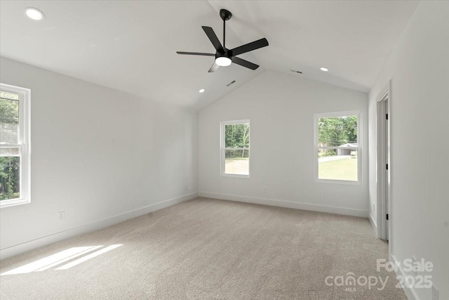 4541 Kings Ct, Hickory, NC 28602 - empty room featuring recessed lighting, light carpet, vaulted ceiling, baseboards, and a ceiling fan