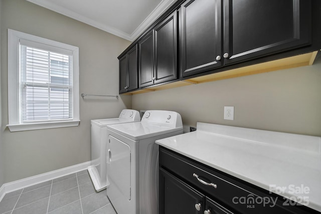 295 Helton Ln, Fort Mill, SC 29708 - laundry room with cabinet space, washing machine and dryer, baseboards, light tile patterned floors, and crown molding
