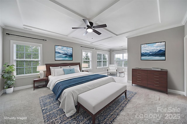 295 Helton Ln, Fort Mill, SC 29708 - bedroom featuring baseboards, coffered ceiling, light carpet, crown molding, and ceiling fan