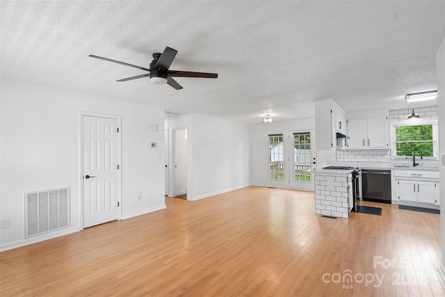 3103 Suggs St, Belmont, NC 28012 - unfurnished living room with a sink, a textured ceiling, light wood finished floors, ceiling fan, and baseboards