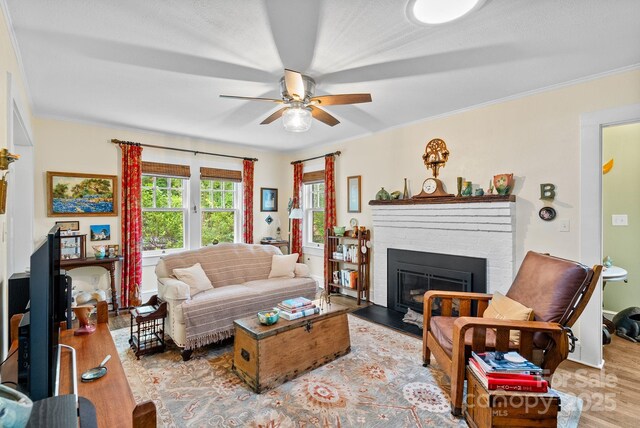 160 Hidden Hill Rd, Tryon, NC 28782 - living area with wood finished floors, ceiling fan, a fireplace, and crown molding