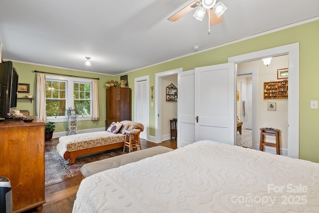 160 Hidden Hill Rd, Tryon, NC 28782 - bedroom with ornamental molding, baseboards, dark wood finished floors, and a ceiling fan