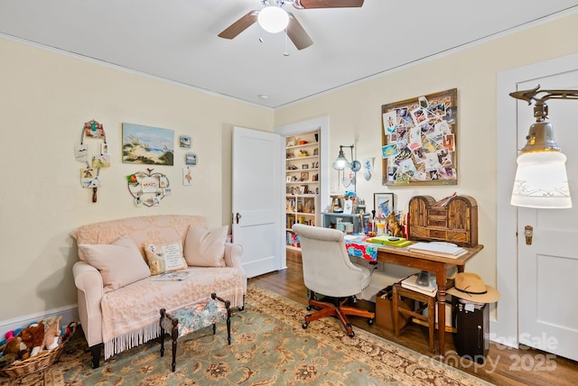 160 Hidden Hill Rd, Tryon, NC 28782 - home office featuring ceiling fan, built in features, and wood finished floors