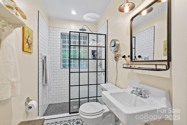 160 Hidden Hill Rd, Tryon, NC 28782 - bathroom featuring ornamental molding, toilet, walk in shower, tile patterned flooring, and a sink