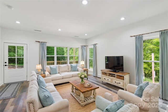 living room featuring recessed lighting and wood finished floors
