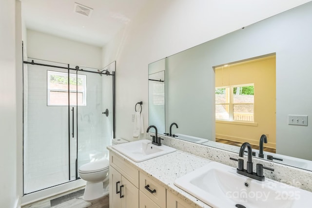 bathroom with toilet, a stall shower, wood finished floors, and double vanity