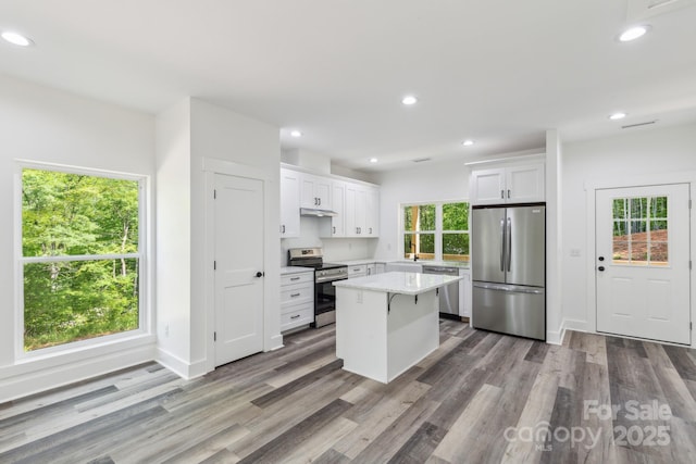 kitchen with stainless steel appliances, wood finished floors, white cabinets, and recessed lighting