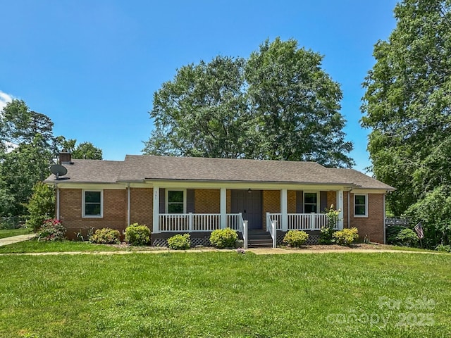 361 Settlemyer Rd, Morganton, NC 28655 - ranch-style home with covered porch, brick siding, a front lawn, and a chimney