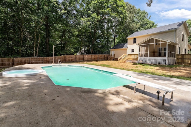 219 Proctor Dr, Salisbury, NC 28147 - view of pool featuring a sunroom, a fenced backyard, an in-ground hot tub, a diving board, and a patio
