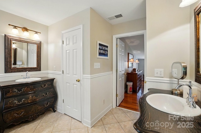 2025 Sagamore Rd, Charlotte, NC 28209 - full bathroom with a wainscoted wall, tile patterned flooring, and vanity