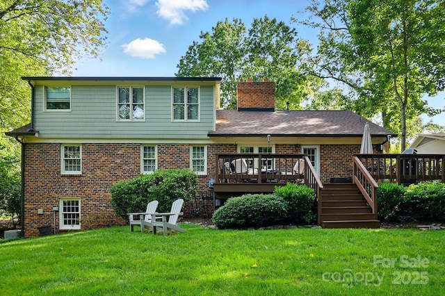2025 Sagamore Rd, Charlotte, NC 28209 - rear view of house featuring brick siding, a chimney, a deck, and a lawn