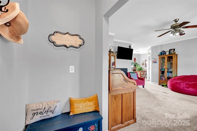 509 Brawley Rd Unit 7, Cleveland, NC 27013 - mudroom featuring carpet floors, crown molding, and ceiling fan