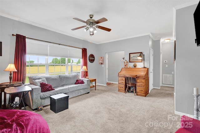 509 Brawley Rd Unit 7, Cleveland, NC 27013 - carpeted living area with ornamental molding, ceiling fan, and baseboards