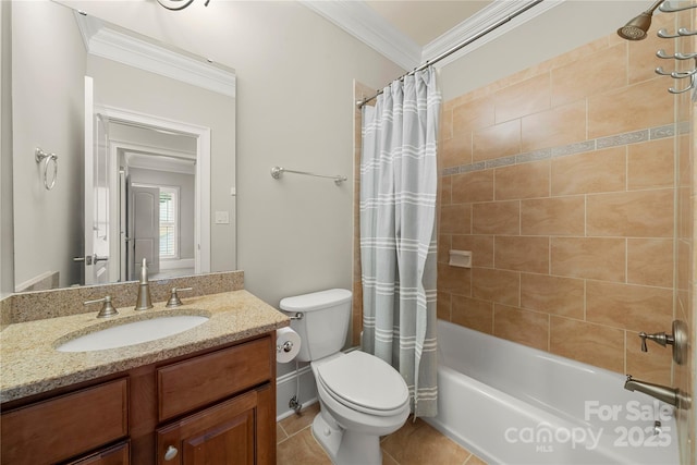 310 Ridge Reserve Dr, Clover, SC 29710 - bathroom featuring crown molding, toilet, vanity, shower / bath combination with curtain, and tile patterned floors