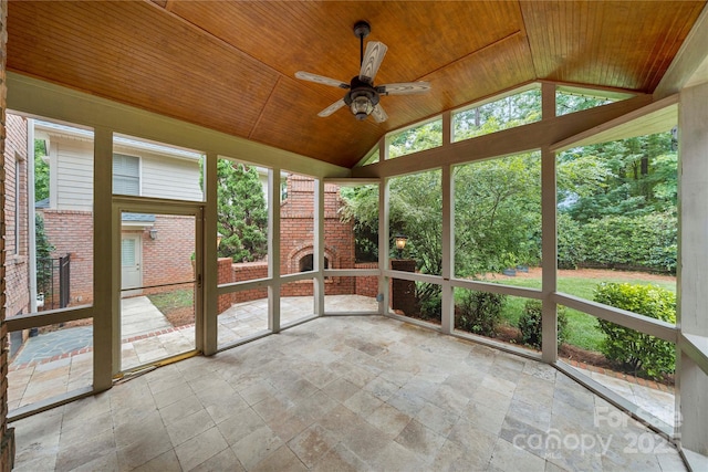 310 Ridge Reserve Dr, Clover, SC 29710 - unfurnished sunroom featuring stone tile flooring, lofted ceiling, wood ceiling, and ceiling fan