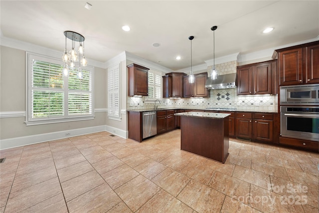 310 Ridge Reserve Dr, Clover, SC 29710 - kitchen featuring stainless steel appliances, exhaust hood, backsplash, ornamental molding, and light stone counters