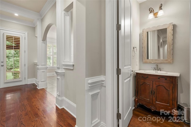 310 Ridge Reserve Dr, Clover, SC 29710 - bathroom featuring ornamental molding, vanity, and wood finished floors