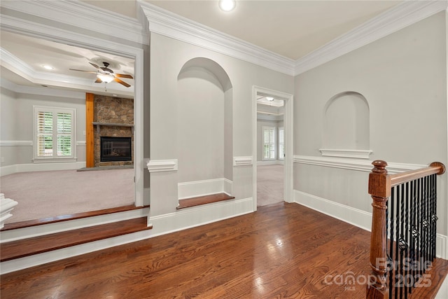 310 Ridge Reserve Dr, Clover, SC 29710 - corridor with wood finished floors, crown molding, an upstairs landing, baseboards, and recessed lighting