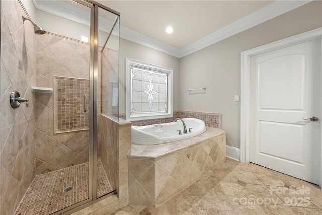 310 Ridge Reserve Dr, Clover, SC 29710 - full bath with a bath, a stall shower, crown molding, and tile patterned floors